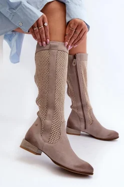 Ażurowe Kozaki Damskie Na Niskim Obcasie Z Naturalnego Zamszu Maciejka 06467-04 Beżowe