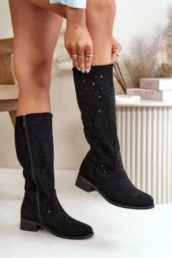 Ażurowe Kozaki Damskie Na Niskim Obcasie Eko Zamszowe Zapinane Na Zamek Czarne Orchides