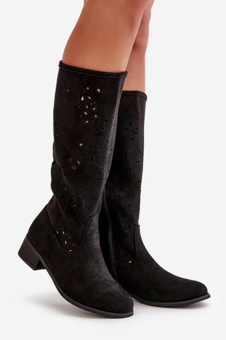 Ażurowe Kozaki Damskie Na Niskim Obcasie Eko Zamszowe Zapinane Na Zamek Czarne Orchides