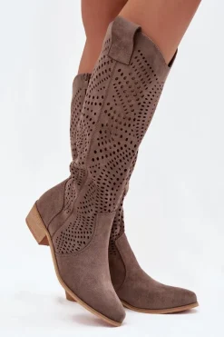 Ażurowe Kozaki Damskie Na Klocku Przed Kolano Ciemnobeżowe Fioris