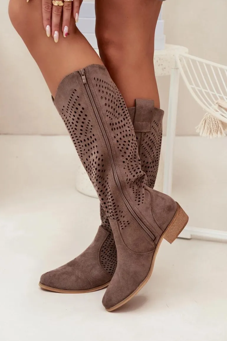 Ażurowe Kozaki Damskie Na Klocku Przed Kolano Ciemnobeżowe Fioris