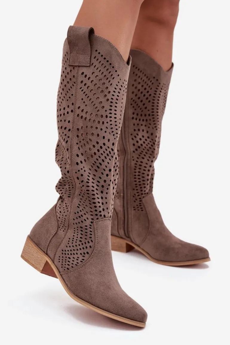 Ażurowe Kozaki Damskie Na Klocku Przed Kolano Ciemnobeżowe Fioris