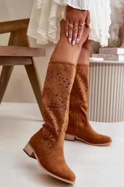 Ażurowe Kozaki Damskie Na Niskim Obcasie Eko Zamszowe Zapinane Na Zamek Camel Orchides