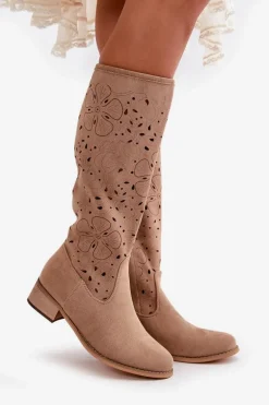 Ażurowe Kozaki Damskie Na Niskim Obcasie Eko Zamszowe Zapinane Na Zamek Ciemnobeżowe Orchides