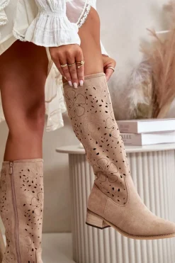 Ażurowe Kozaki Damskie Na Niskim Obcasie Eko Zamszowe Zapinane Na Zamek Ciemnobeżowe Orchides