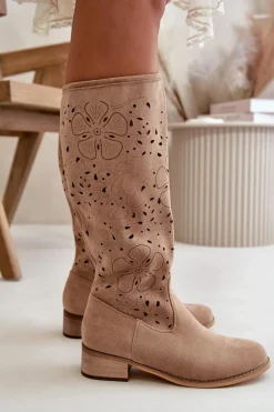 Ażurowe Kozaki Damskie Na Niskim Obcasie Eko Zamszowe Zapinane Na Zamek Ciemnobeżowe Orchides