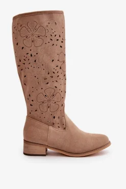 Ażurowe Kozaki Damskie Na Niskim Obcasie Eko Zamszowe Zapinane Na Zamek Ciemnobeżowe Orchides