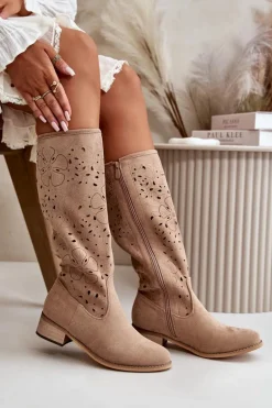 Ażurowe Kozaki Damskie Na Niskim Obcasie Eko Zamszowe Zapinane Na Zamek Ciemnobeżowe Orchides