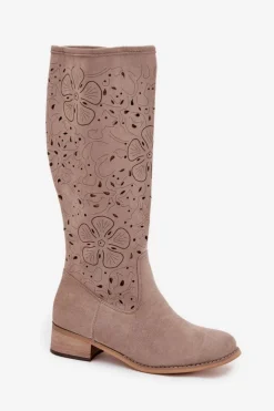 Ażurowe Kozaki Damskie Na Niskim Obcasie Eko Zamszowe Zapinane Na Zamek Beżowe Orchides