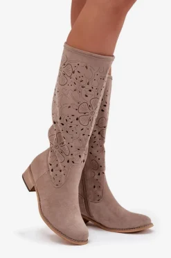 Ażurowe Kozaki Damskie Na Niskim Obcasie Eko Zamszowe Zapinane Na Zamek Beżowe Orchides