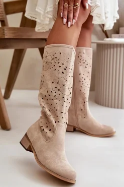 Ażurowe Kozaki Damskie Na Niskim Obcasie Eko Zamszowe Zapinane Na Zamek Jasnobeżowe Orchides