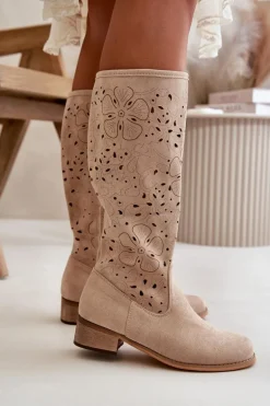 Ażurowe Kozaki Damskie Na Niskim Obcasie Eko Zamszowe Zapinane Na Zamek Jasnobeżowe Orchides