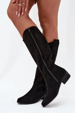 Ażurowe Kozaki Damskie Na Klocku Przed Kolano Czarne Fioris