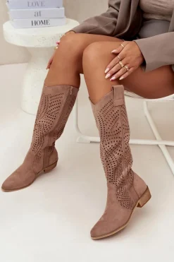 Ażurowe Kozaki Damskie Na Klocku Przed Kolano Beżowe Fioris