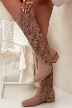 Ażurowe Kozaki Damskie Na Klocku Przed Kolano Beżowe Fioris