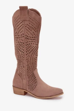 Ażurowe Kozaki Damskie Na Klocku Przed Kolano Beżowe Fioris