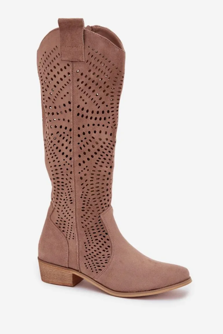 Ażurowe Kozaki Damskie Na Klocku Przed Kolano Beżowe Fioris