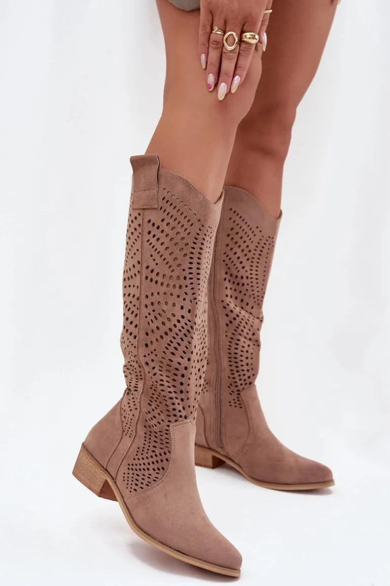 Ażurowe Kozaki Damskie Na Klocku Przed Kolano Beżowe Fioris