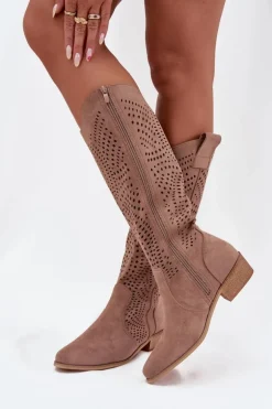 Ażurowe Kozaki Damskie Na Klocku Przed Kolano Beżowe Fioris