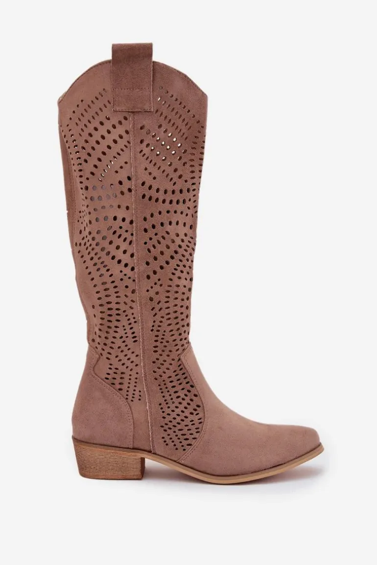 Ażurowe Kozaki Damskie Na Klocku Przed Kolano Beżowe Fioris