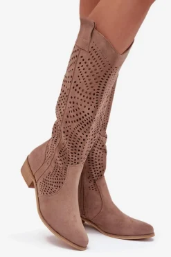 Ażurowe Kozaki Damskie Na Klocku Przed Kolano Beżowe Fioris
