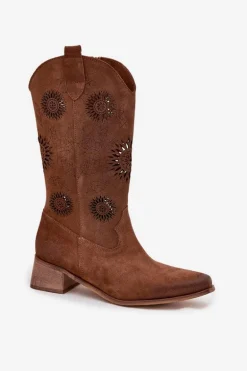 Ażurowe Kozaki Damskie Z Naturalnego Zamszu Na Klocku Zazoo 3793 Brązowe