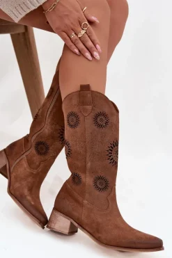 Ażurowe Kozaki Damskie Z Naturalnego Zamszu Na Klocku Zazoo 3793 Brązowe