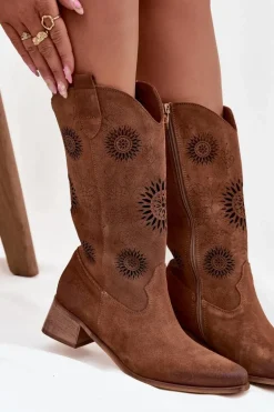 Ażurowe Kozaki Damskie Z Naturalnego Zamszu Na Klocku Zazoo 3793 Brązowe