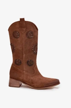 Ażurowe Kozaki Damskie Z Naturalnego Zamszu Na Klocku Zazoo 3793 Brązowe