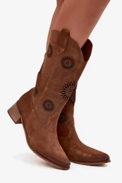 Ażurowe Kozaki Damskie Z Naturalnego Zamszu Na Klocku Zazoo 3793 Brązowe
