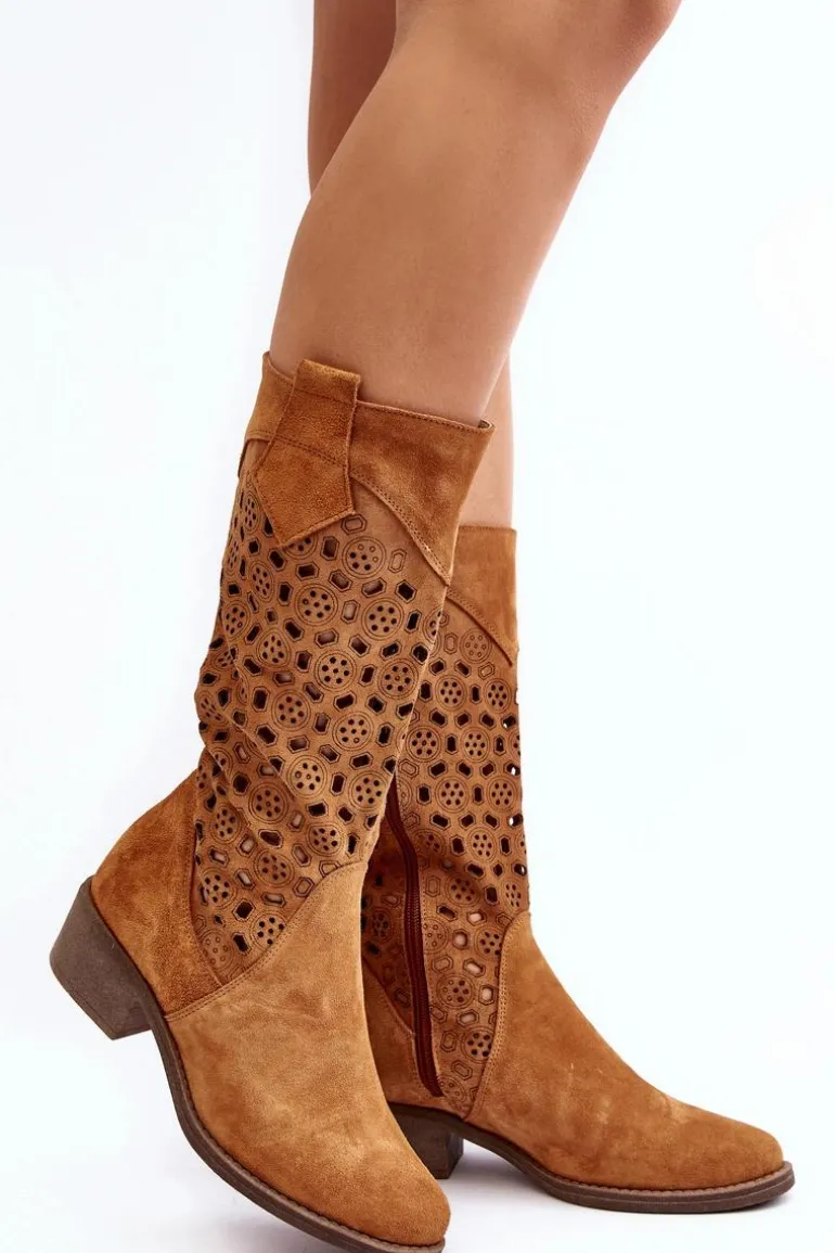 Ażurowe Kozaki Damskie Zamszowe Na Niskim Obcasie Camel Ndulu