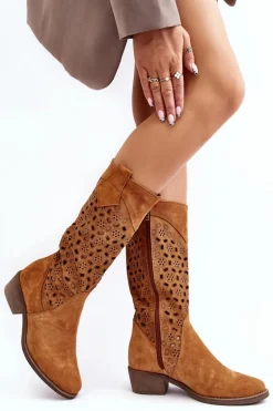 Ażurowe Kozaki Damskie Zamszowe Na Niskim Obcasie Camel Ndulu