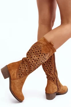 Ażurowe Kozaki Damskie Zamszowe Na Niskim Obcasie Camel Ndulu