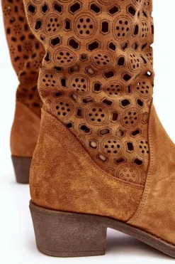 Ażurowe Kozaki Damskie Zamszowe Na Niskim Obcasie Camel Ndulu