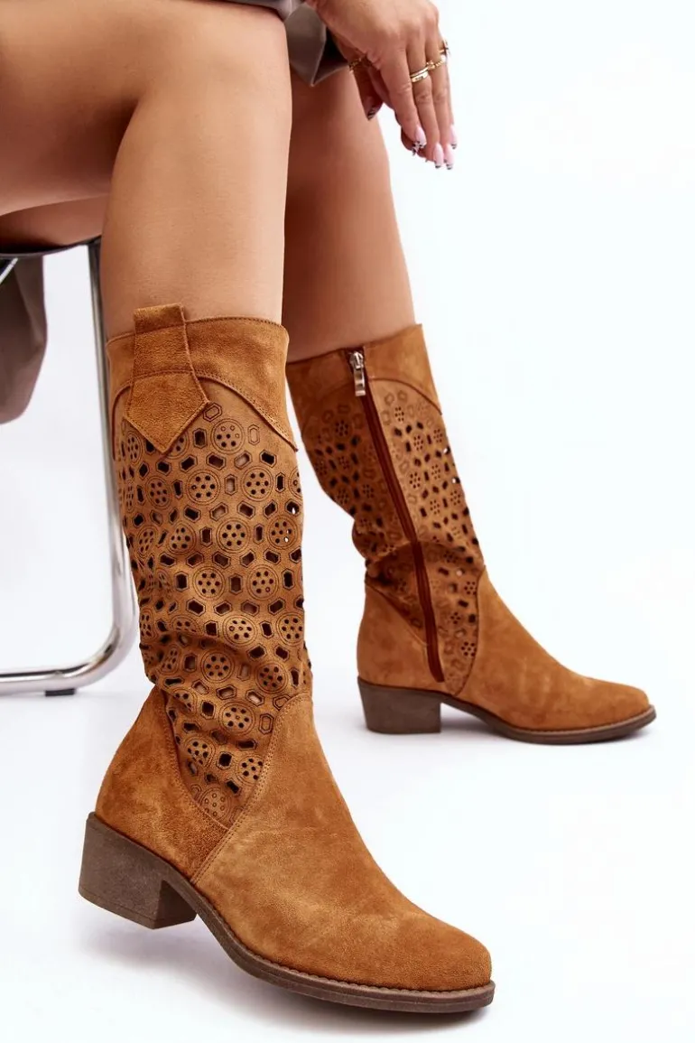 Ażurowe Kozaki Damskie Zamszowe Na Niskim Obcasie Camel Ndulu