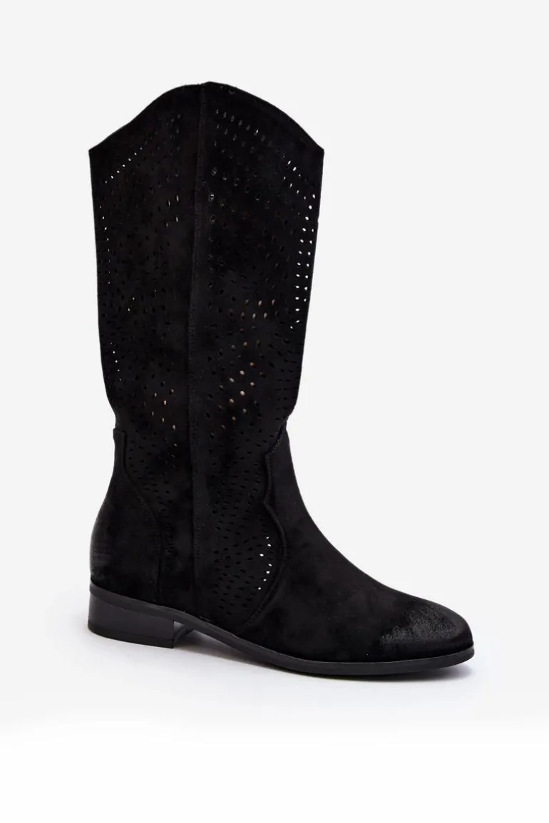 Ażurowe Kozaki Do Połowy Łydki Czarne Kleorelia