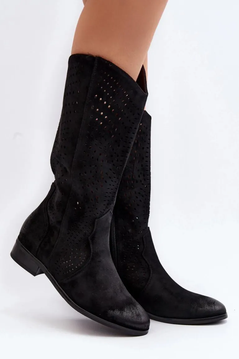 Ażurowe Kozaki Do Połowy Łydki Czarne Kleorelia