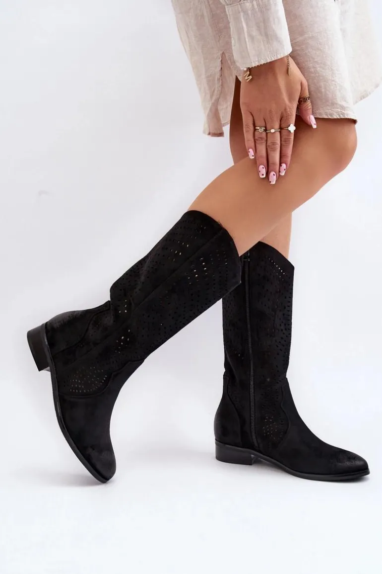 Ażurowe Kozaki Do Połowy Łydki Czarne Kleorelia