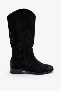 Ażurowe Kozaki Do Połowy Łydki Czarne Kleorelia