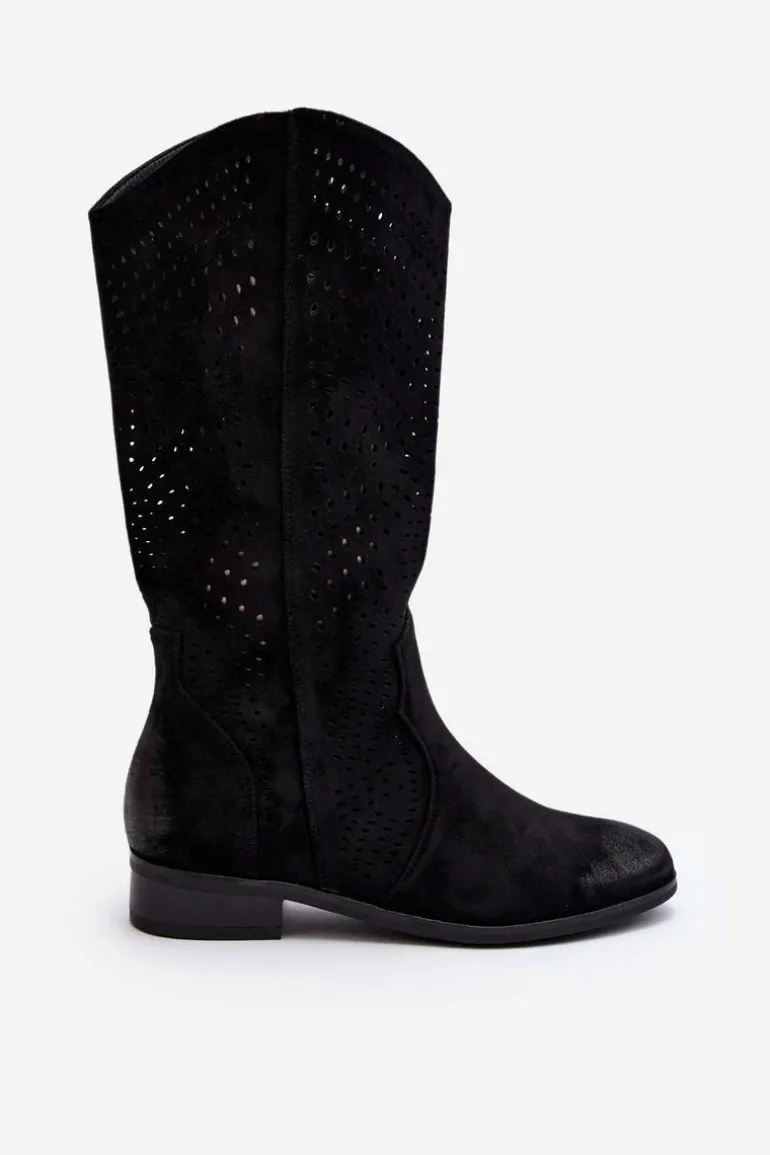 Ażurowe Kozaki Do Połowy Łydki Czarne Kleorelia