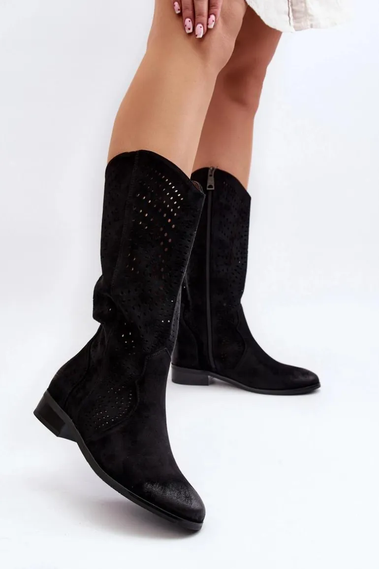 Ażurowe Kozaki Do Połowy Łydki Czarne Kleorelia