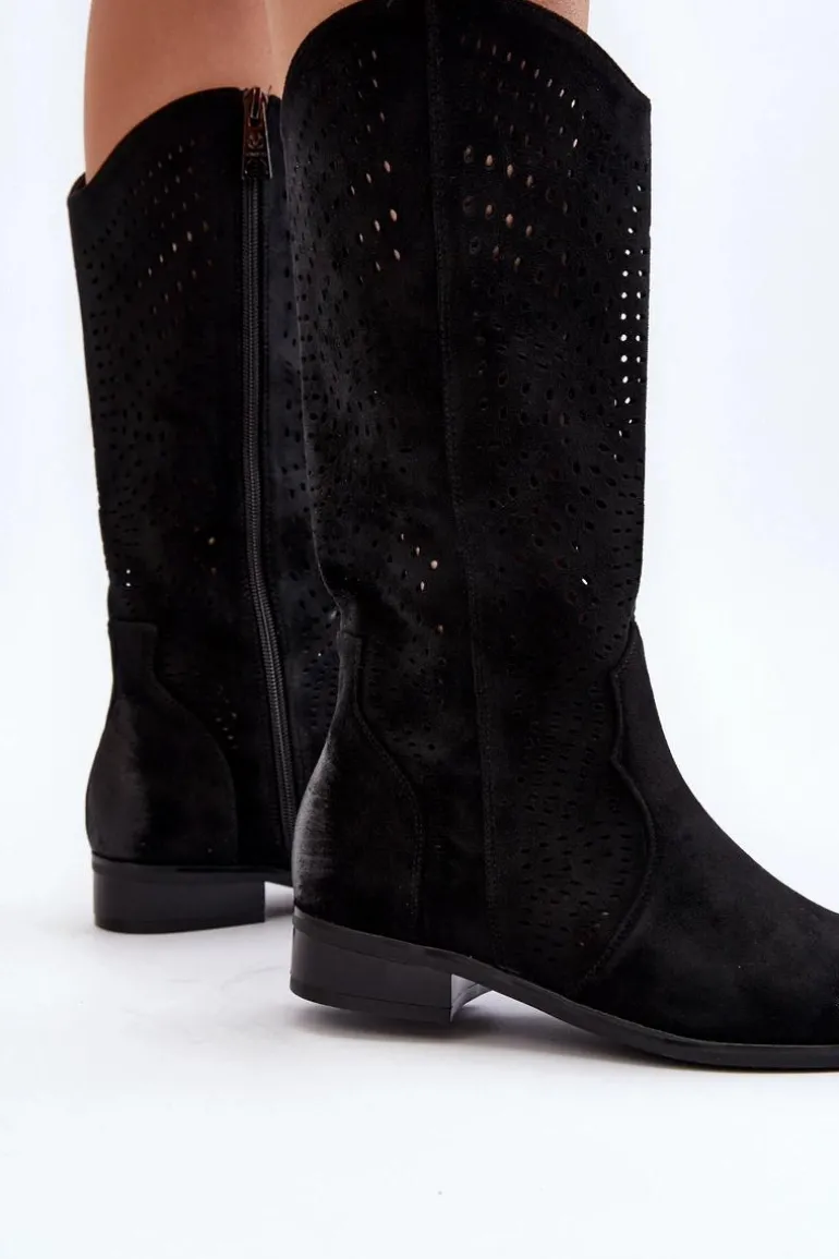 Ażurowe Kozaki Do Połowy Łydki Czarne Kleorelia