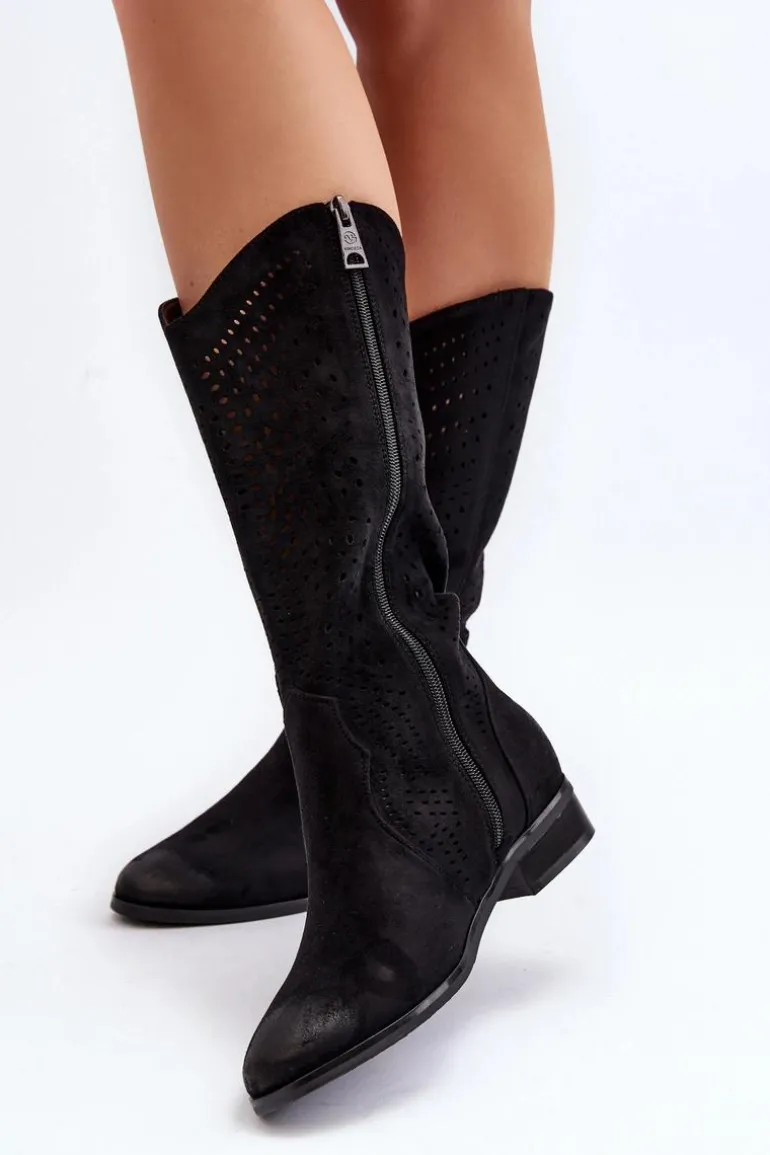 Ażurowe Kozaki Do Połowy Łydki Czarne Kleorelia