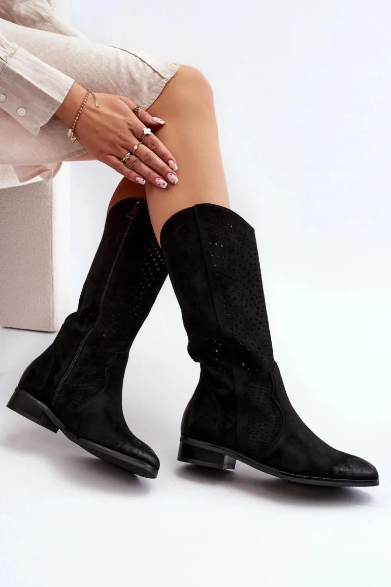 Ażurowe Kozaki Do Połowy Łydki Czarne Kleorelia