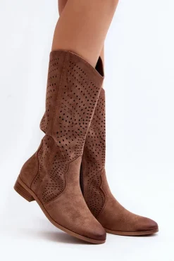 Ażurowe Kozaki Do Połowy Łydki Brązowe Kleorelia