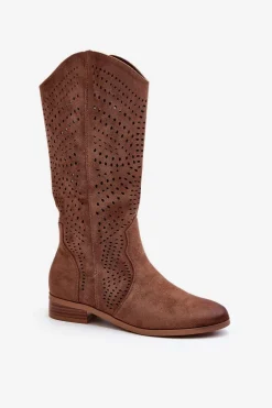 Ażurowe Kozaki Do Połowy Łydki Brązowe Kleorelia