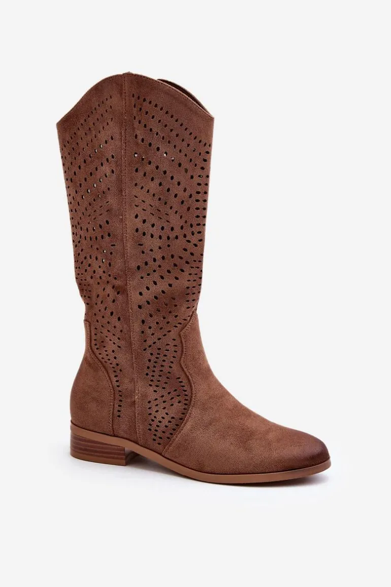 Ażurowe Kozaki Do Połowy Łydki Brązowe Kleorelia