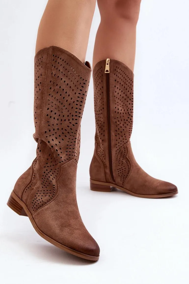 Ażurowe Kozaki Do Połowy Łydki Brązowe Kleorelia