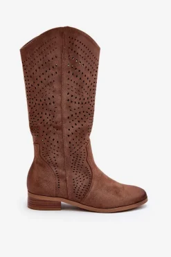 Ażurowe Kozaki Do Połowy Łydki Brązowe Kleorelia