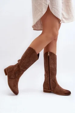 Ażurowe Kozaki Do Połowy Łydki Brązowe Kleorelia